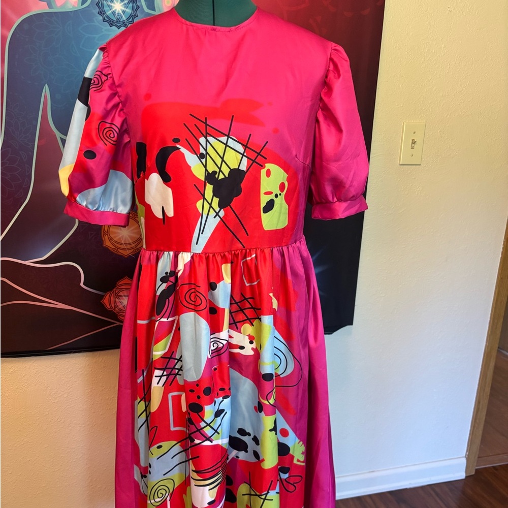 Bright Pink Abstract Print Midi Dress